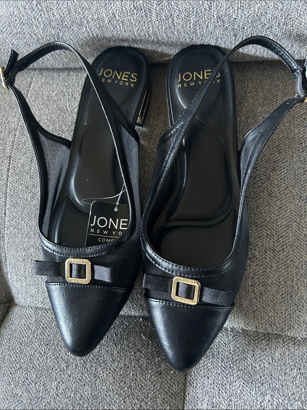 Jones New York Qimata Black Pointed Slingback Flats with Gold Buckle